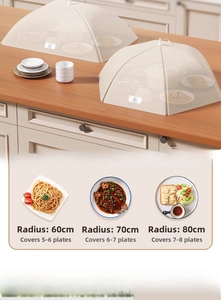 Foldable mesh food cover showing size specifications for 60cm 70cm and 80cm radius