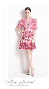 Detail of red and white porcelain print on a V-neck short sleeve dress with buttons