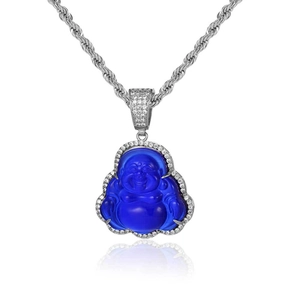 Detailed close-up of blue opal Laughing Buddha pendant with sparkling zircon inlay