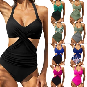 Monokini Swimsuit Halter Cross Neck Cut Out Ruched Tummy Control Sexy Beachwear For Women Polyester