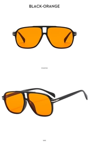 Front and side views of large pilot sunglasses with black frame and orange lenses