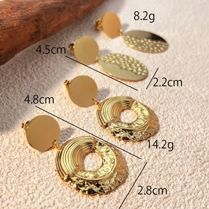 Retro geometric stainless steel gold-plated earrings with oval and round textured patterns