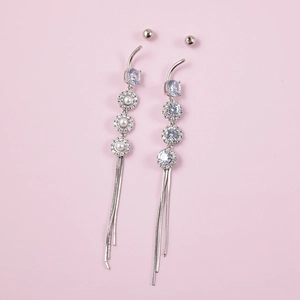 Elegant stainless steel belly ring with silver long tassel, imitation pearl, and zircon