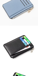 Close-up of litchi texture leather card holder showing zipper coin pouch and card slots