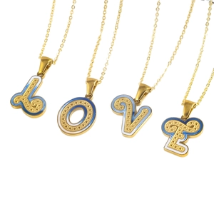 Gold stainless steel enamel letter LOVE pendant necklaces on white background
