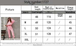 Size chart showing S-XL measurements for hooded long sleeve sweatshirt and pants set