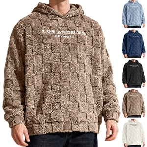 Men Winter Thick Polar Fleece Hoodie Checkerboard Pattern Letter Print Long Sleeve Top Casual Sporty Hooded Sweatshirt