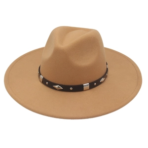 Classic camel wool jazz hat featuring wide brim and diamond metal studded leather band