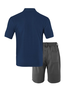 Rear view of men's navy waffle polo shirt and grey mesh sports shorts set on white background