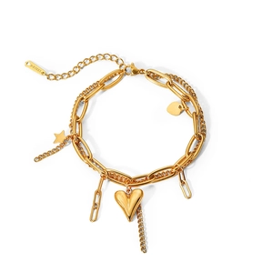 Double-layer 18K gold plated stainless steel bracelet with heart and star pendants