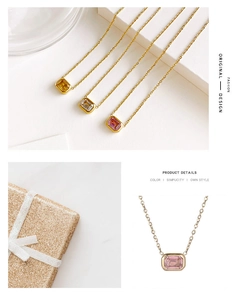 Vista de detalle de collares con gemas rectangulares de colores amarillo, claro y rosa oro
