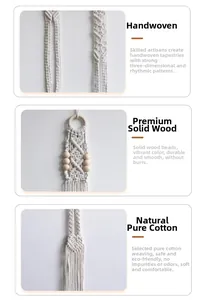 Detail of handmade cotton macrame weaving with natural wooden beads and polished rings