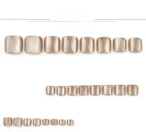 Close-up of 24 pieces of light brown cat-eye press-on toenails with metallic shimmer
