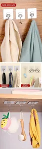 Adhesive wall hooks shown in various scenarios hanging clothes, ties, and kitchenware
