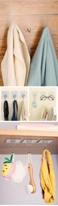 Adhesive wall hooks shown in various scenarios hanging clothes, ties, and kitchenware