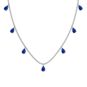 S925 sterling silver necklace featuring seven pear-cut blue zircon pendants in silver