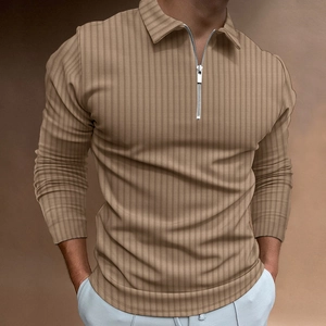 Detail of tan long sleeve polo shirt with vertical stripes and silver zipper collar