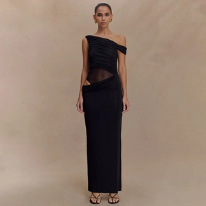 Detail of black one-shoulder maxi dress featuring waist mesh patchwork and ruched design