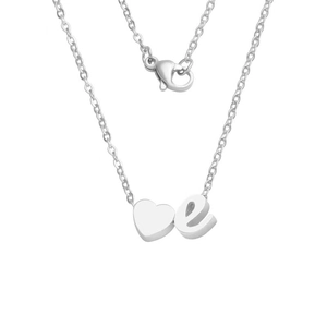 Detail of silver heart pendant and lowercase letter e on a stainless steel O-chain
