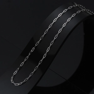 Detail of S925 sterling silver paperclip chain necklace on a black jewelry stand