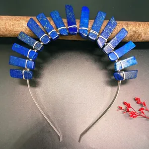 Detail view of Bohemian blue lapis lazuli crystal crown with gold wire wrapping