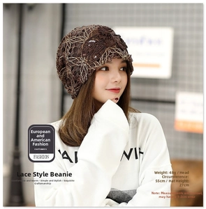 Brown lace beanie detail showing 48g weight, 55cm circumference, and 27cm height