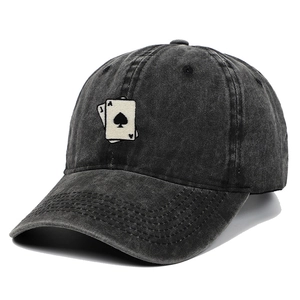 Vintage charcoal grey washed cotton baseball cap with playing card embroidery motif