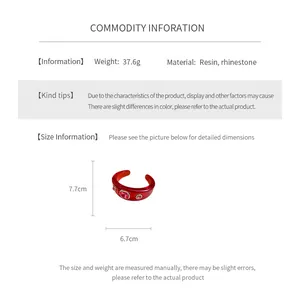 Size chart showing dimensions and materials for vintage red resin rhinestone bracelet