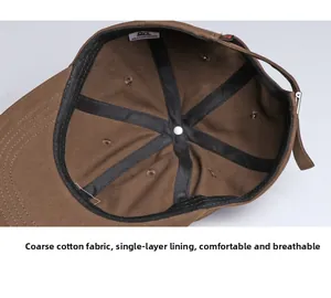 Detailed interior view of a brown cotton baseball cap showing breathable single-layer lining