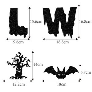 Happy Halloween black glitter banner decorations with size dimensions for bat and ghost tree