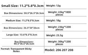Size chart and packaging specifications for waterproof transparent sticky notes in three sizes