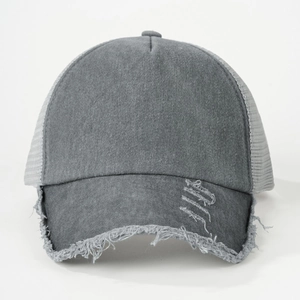 Distressed dark grey washed cotton trucker hat with mesh back and vintage frayed brim detail