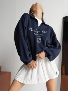 Retro half-zip sweatshirt with Prestige Club print and white pleated skirt set