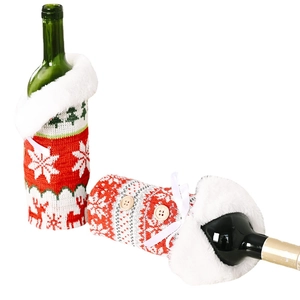 Nordic knitted Christmas wine bottle covers with snowflake elk patterns and fur collars