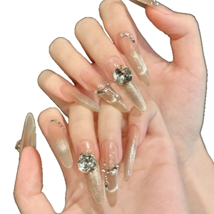 Luxurious stiletto press-on nails with champagne cat-eye glitter and rhinestones
