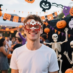 Dettaglio degli occhiali glitterati da fantasma per Halloween in una scena di festa all'aperto