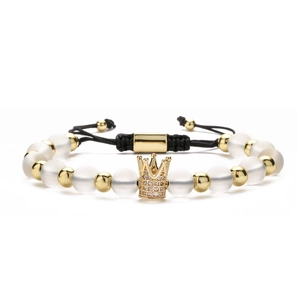 Men's adjustable woven bracelet with matte beads and gold crystal crown charm