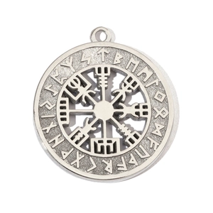 Detailed close-up of a silver-toned Viking Vegvisir compass pendant with runic engravings
