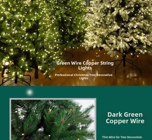 Macro shot of dark green copper wire LED string lights blending into Christmas tree branches