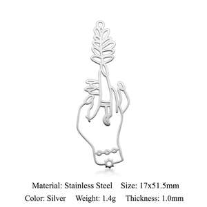 Silver stainless steel hand-holding-plant pendant dimensions 17x51.5mm macro view
