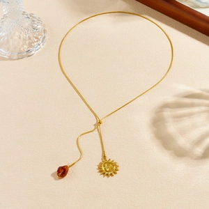 Vintage golden sun necklace with amber bead on adjustable snake chain for women