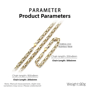 Detail view of 6mm two-tone stainless steel chain necklace and bracelet set specifications
