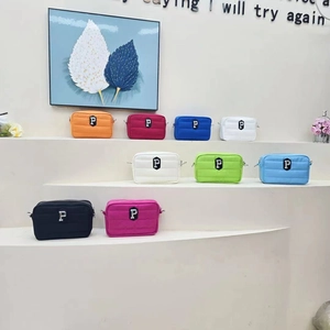 Quilted multi-color crossbody makeup bags with P-letter patch and metal zipper closure