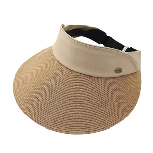Women's summer straw open top sun hat with large brim and adjustable khaki headband
