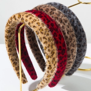 Women Vintage Leopard Print Padded Headband Retro Faux Fur Plush Hairband Thick Sponge Wide Brim Hair Hoop Hair Accessories