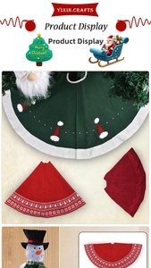 Detailed view of red and white knitted Christmas tree skirts with snowflake patterns