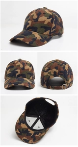 Detailed views of camouflage corduroy baseball cap with metal buckle and inner stitching