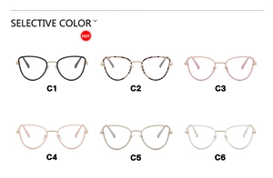 Six selective color variants of metal cat-eye eyeglass frames shown in a matrix layout