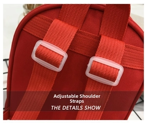Detail shot of adjustable red shoulder straps and durable buckles for toddler backpack