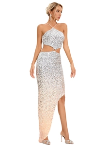 Sleepless sequin evening gown with halter neck, cut-out waist, and side slit in silver gradient